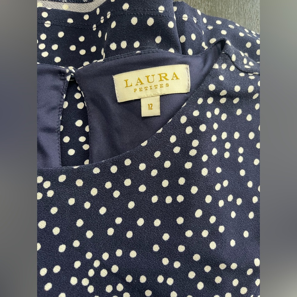 Laura Petites Navy Blue White Polka Dot Fit Flare Dress Short Sleeve Belted 8 - Picture 14 of 16